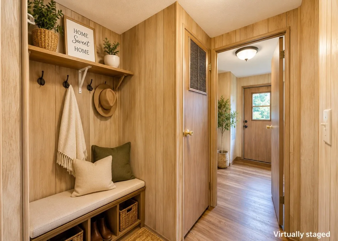 Entryway featuring wood-finish wall paneling, built-in bench seating, storage cubbies, and a mounted shelf with hooks