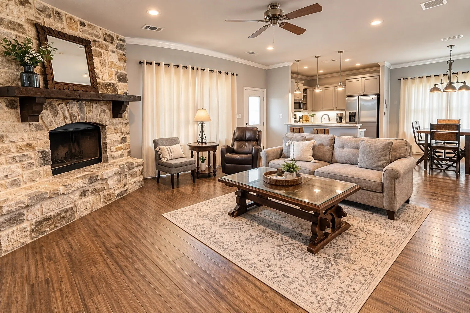 View of living room, highlighting the open concept.