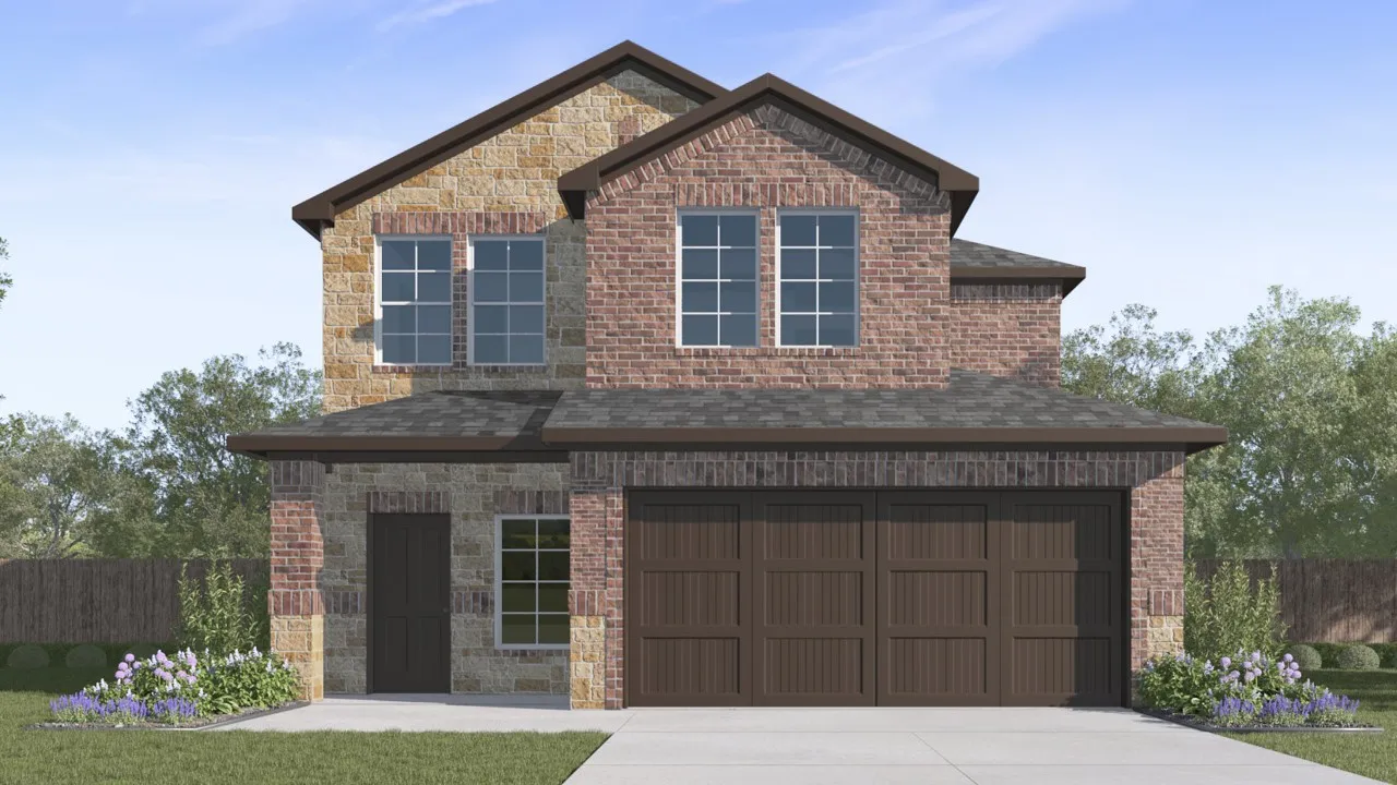 Two-story exterior featuring a brick and stone facade, a two-car garage, and multiple windows with grids