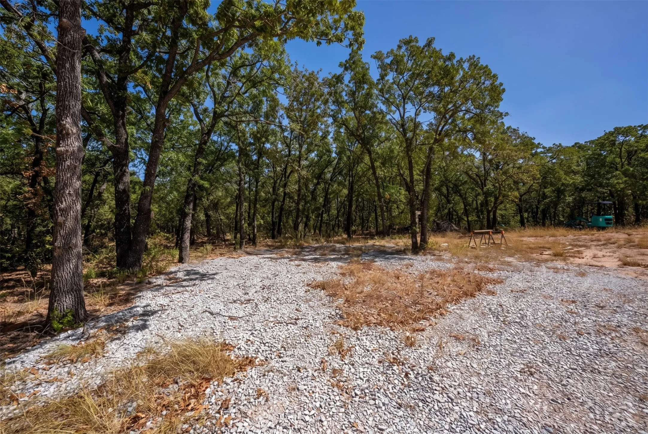 Gravel surface area surrounded by abundant mature trees and natural vegetation