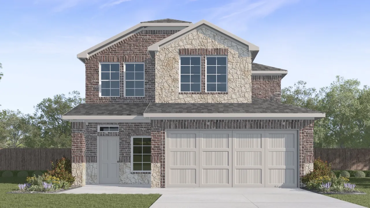 Two-story residence featuring a brick and stone facade, attached two-car garage, and established landscaping