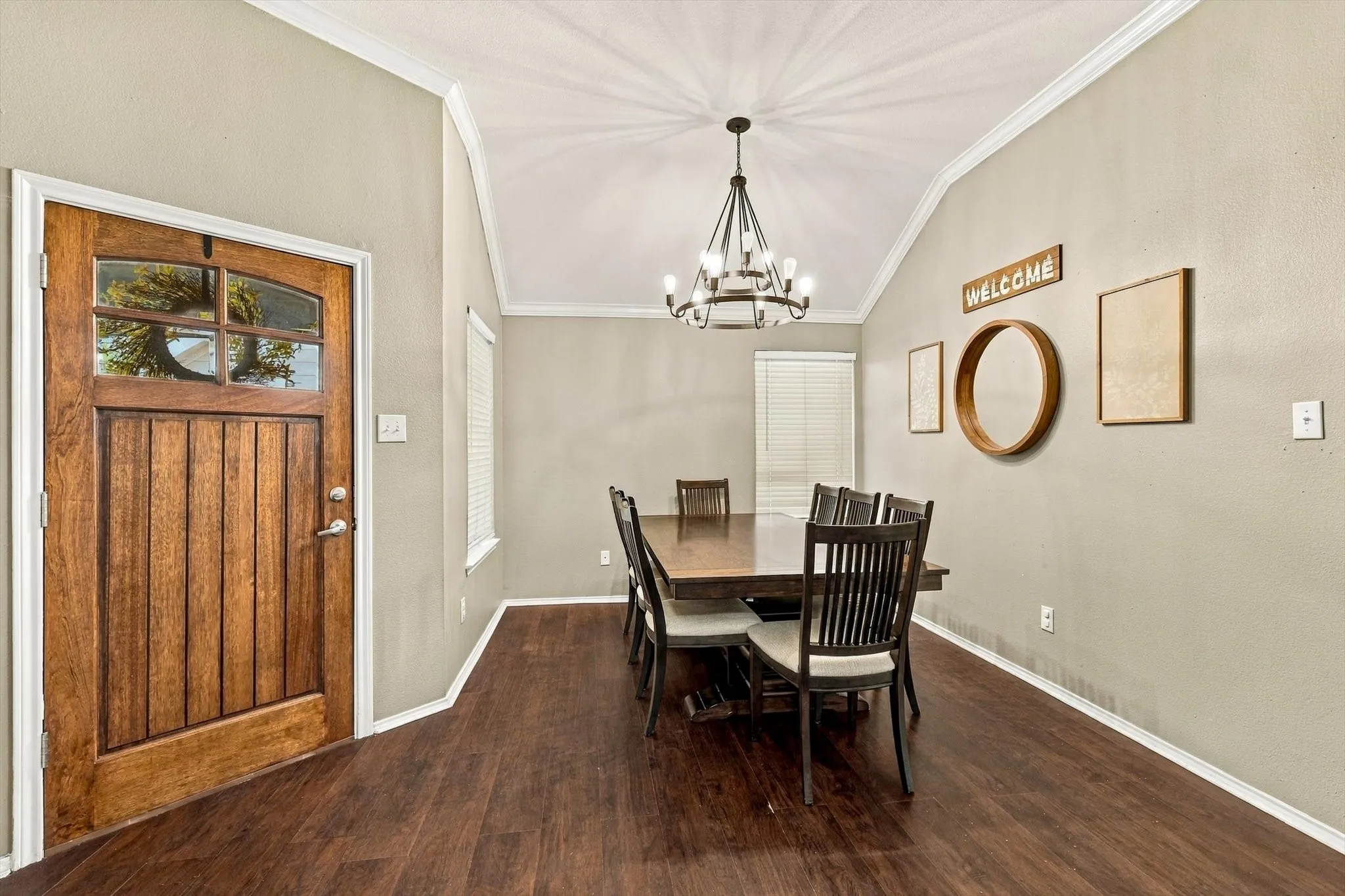 Wood-finish flooring with a vaulted ceiling