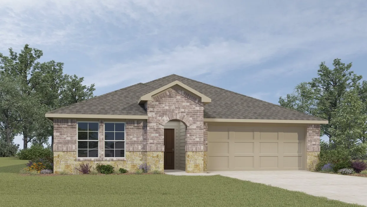 Single-story property with a brick and stone facade, arched entry, gabled roof, and attached two-car garage
