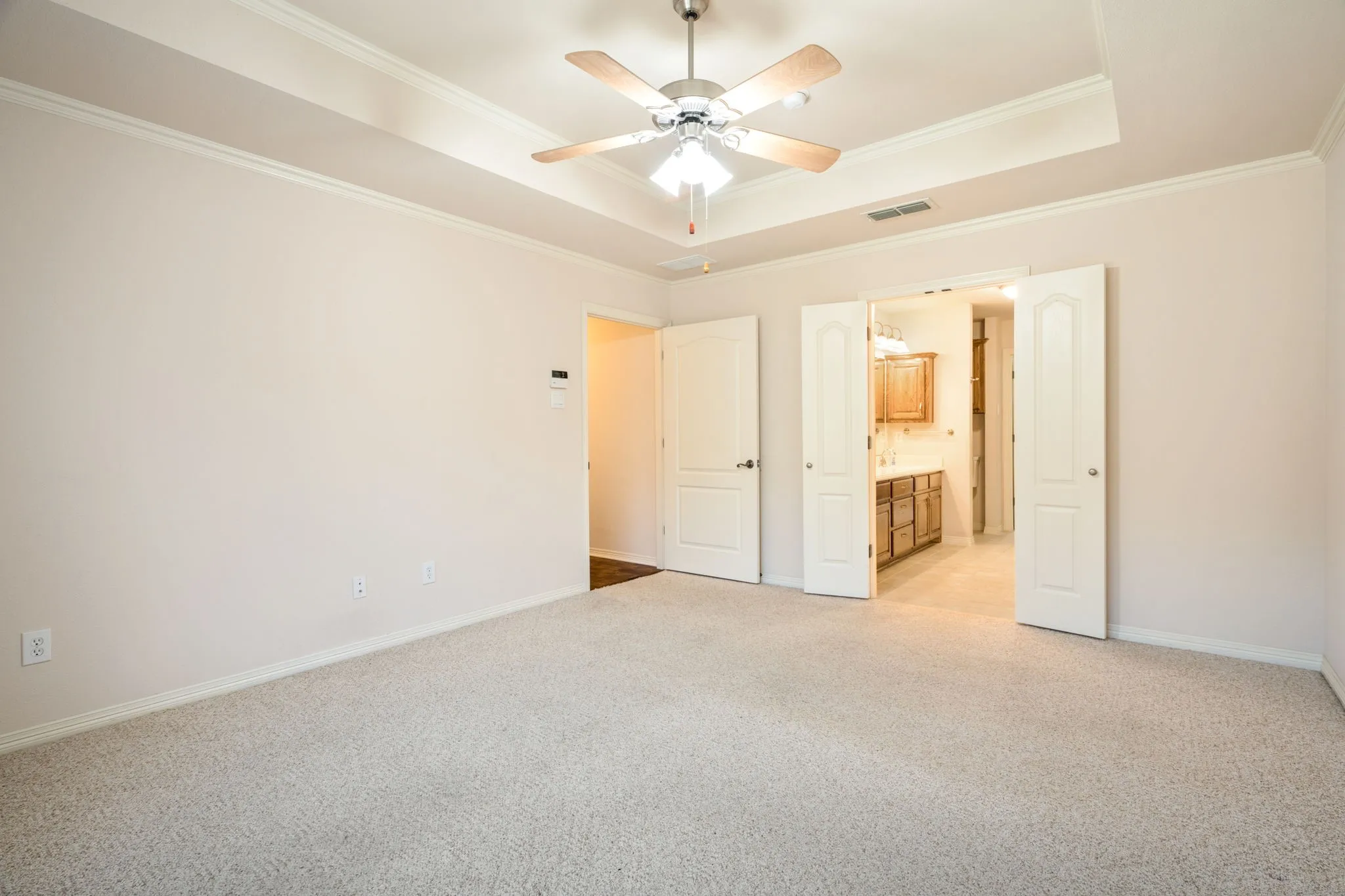 Carpeted flooring, tray ceiling with crown molding, ceiling fan, double doors, and wood-finish vanity with light fixture