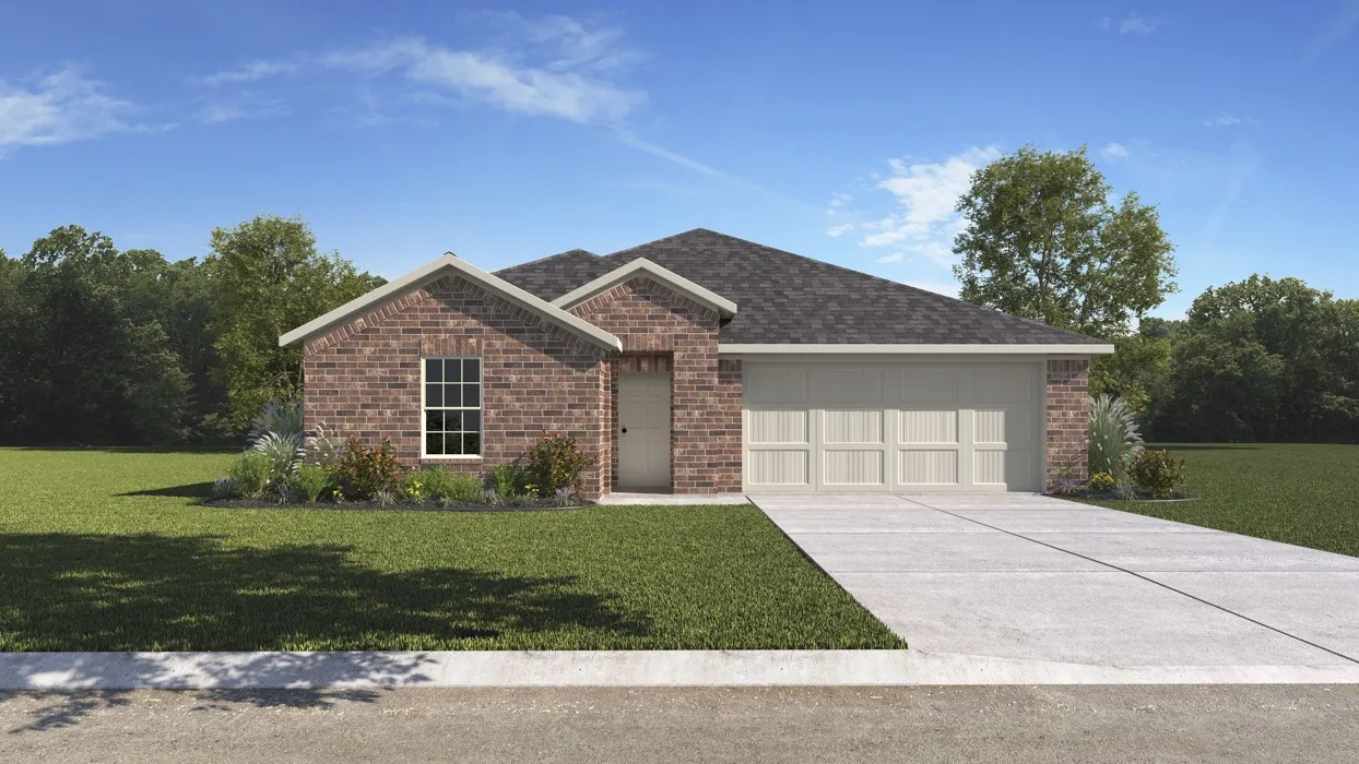 Brick exterior with gabled roof lines, white-trimmed windows, a two-car garage, and concrete driveway