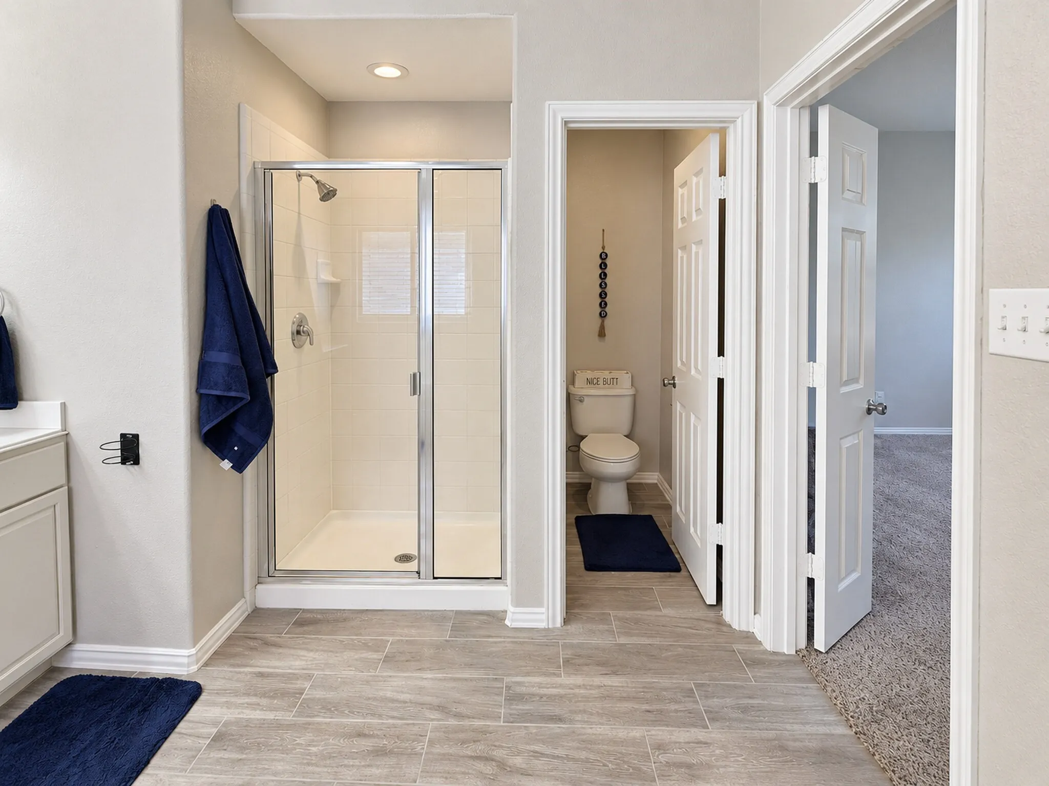 Glass-enclosed shower with a tiled interior, recessed lighting, and a separate toilet room