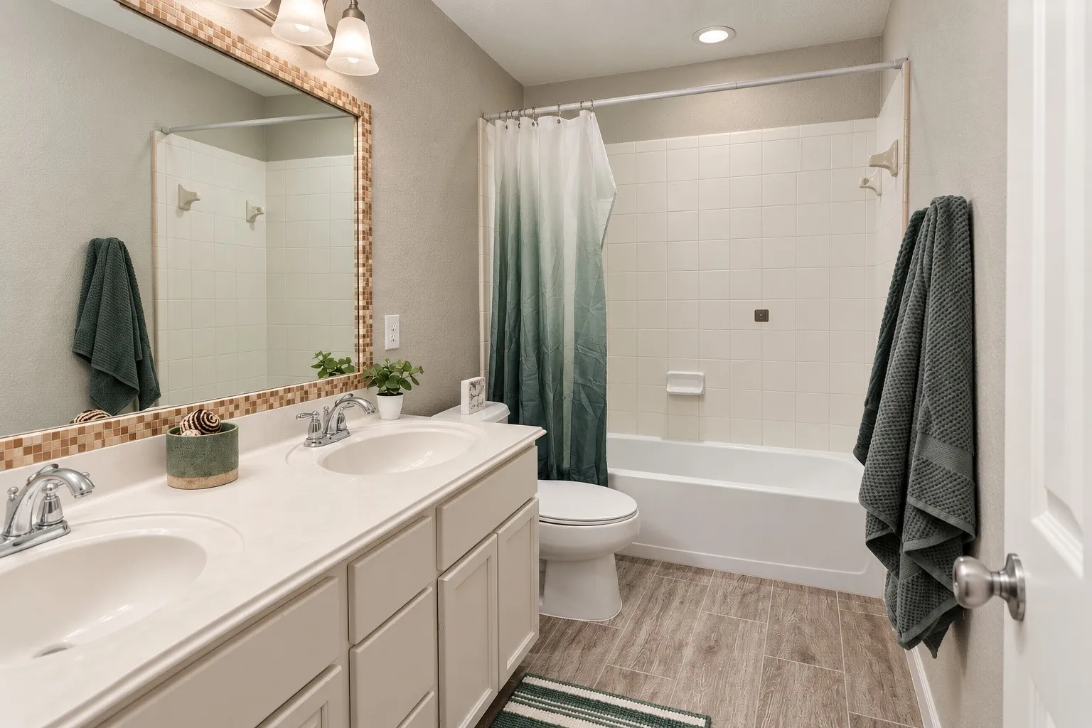 Dual vanity with integrated sinks and chrome fixtures