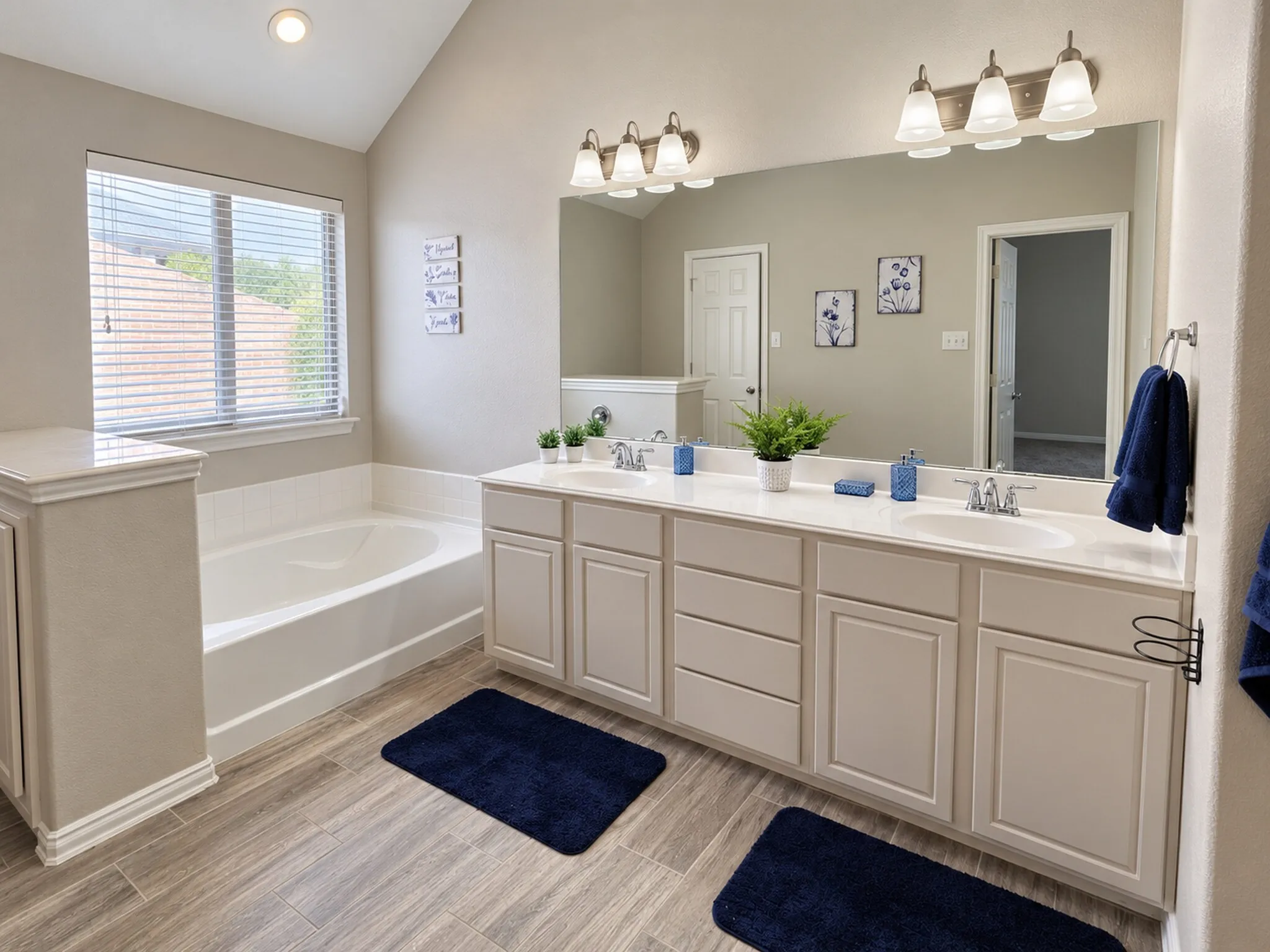 Dual vanity with white countertops and undermount sinks
