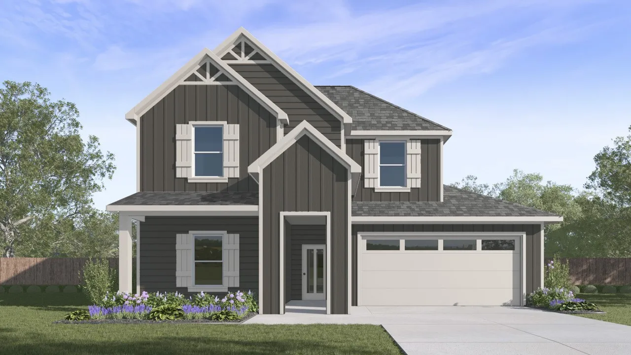 Craftsman-style exterior with vertical siding, decorative gables, white window shutters, a covered porch, and an attached two-car garage