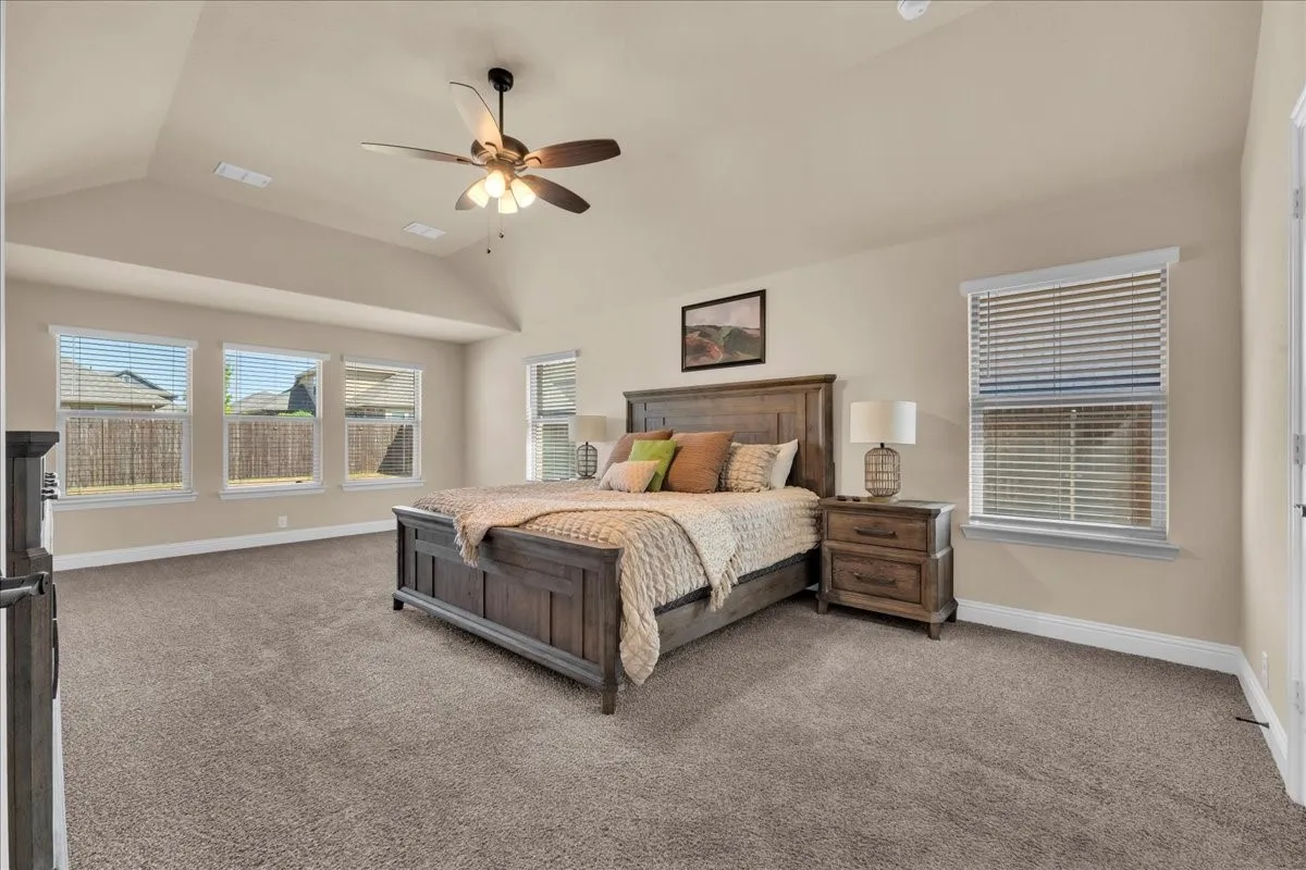 Vaulted ceiling with an attached ceiling fan