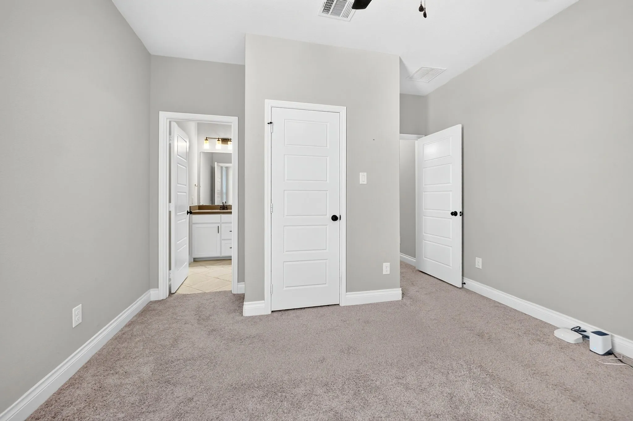 Light gray wall finish, gray carpet flooring, white trim, white paneled doors with black hardware, and an attached bathroom with a single vanity