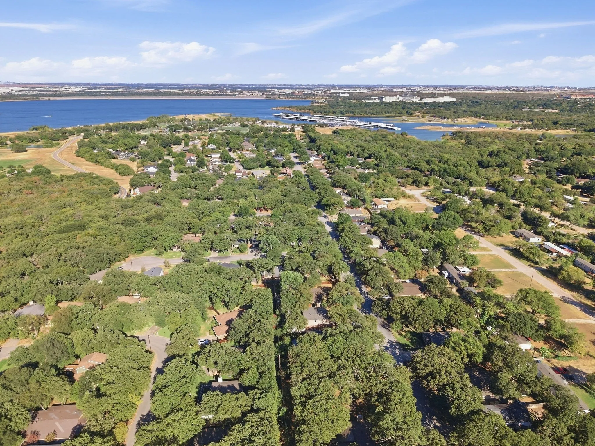 Aerial perspective of Grapevine Lake, extensive tree canopy, and neighborhoods