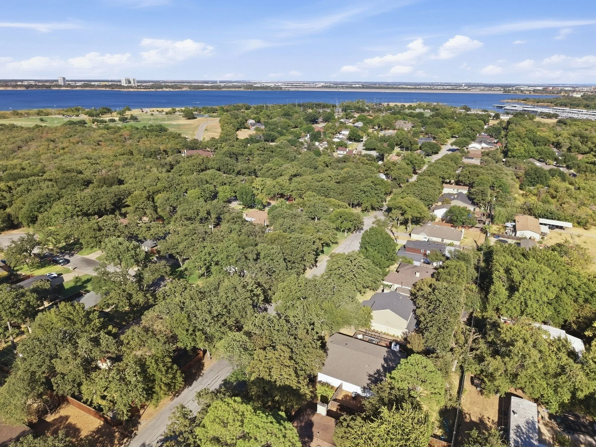 Aerial perspective of Grapevine Lake, extensive tree canopy, and neighborhoods