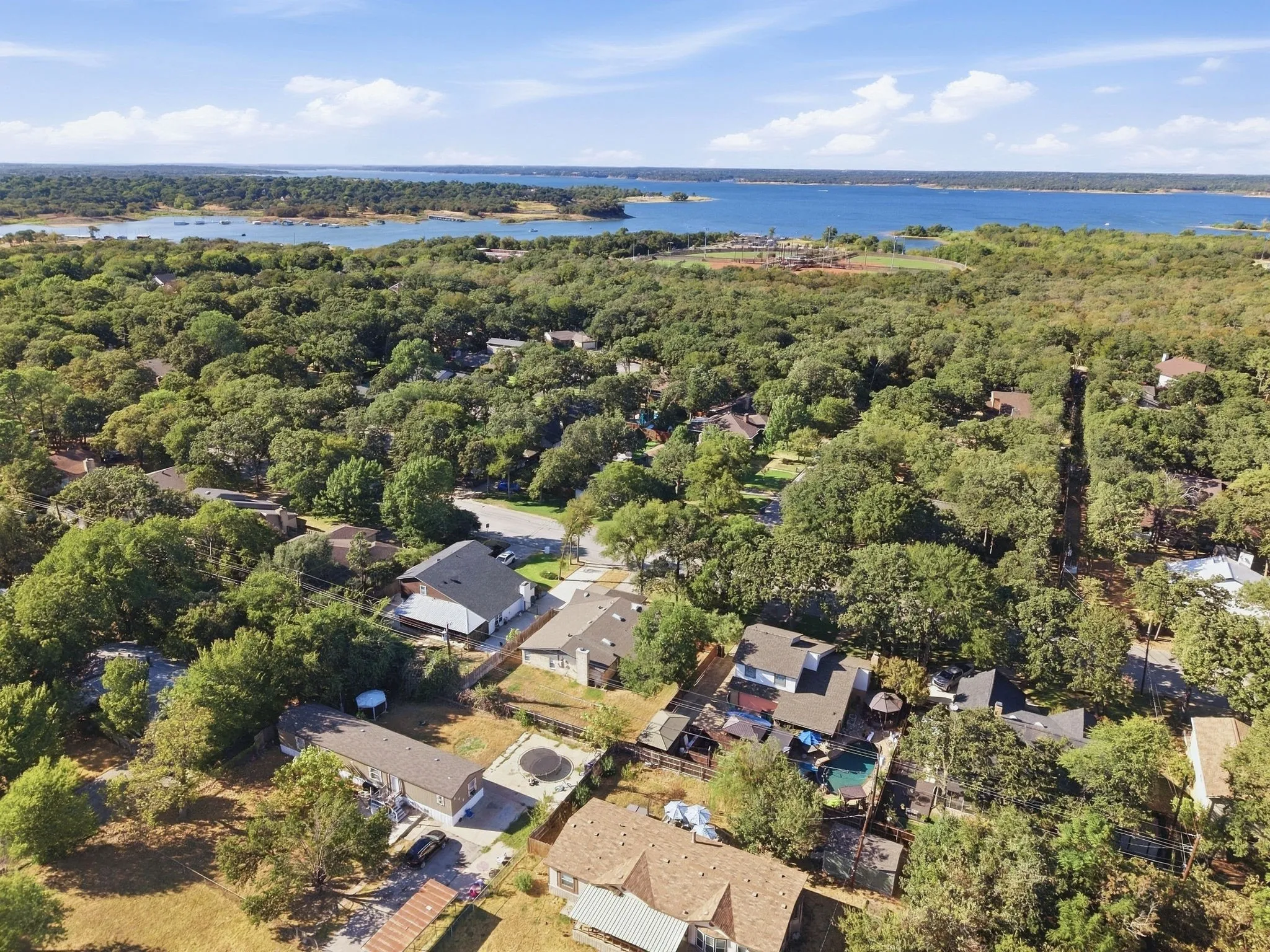 Aerial perspective of Grapevine Lake, extensive tree canopy, and neighborhoods