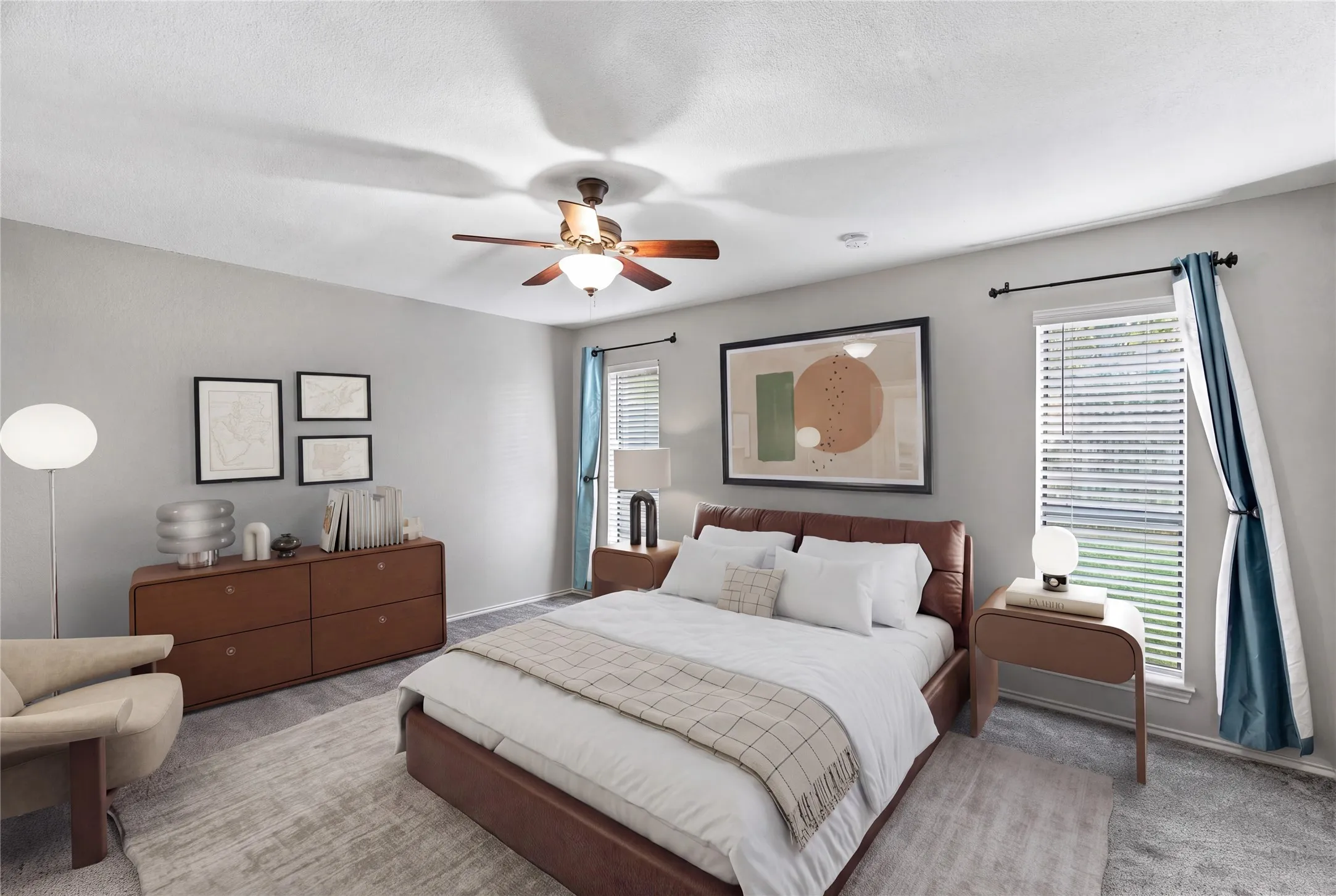 Decorative lighting, ceiling fan with light, two windows with blinds (Virtually staged)