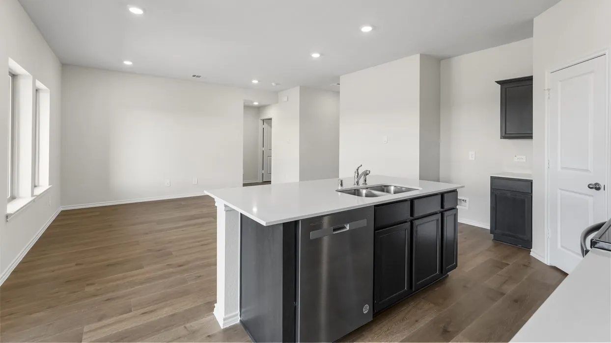 Open-concept living area featuring wood-finish flooring, recessed lighting, and a kitchen island with a double sink, stainless steel dishwasher, and dark cabinetry
