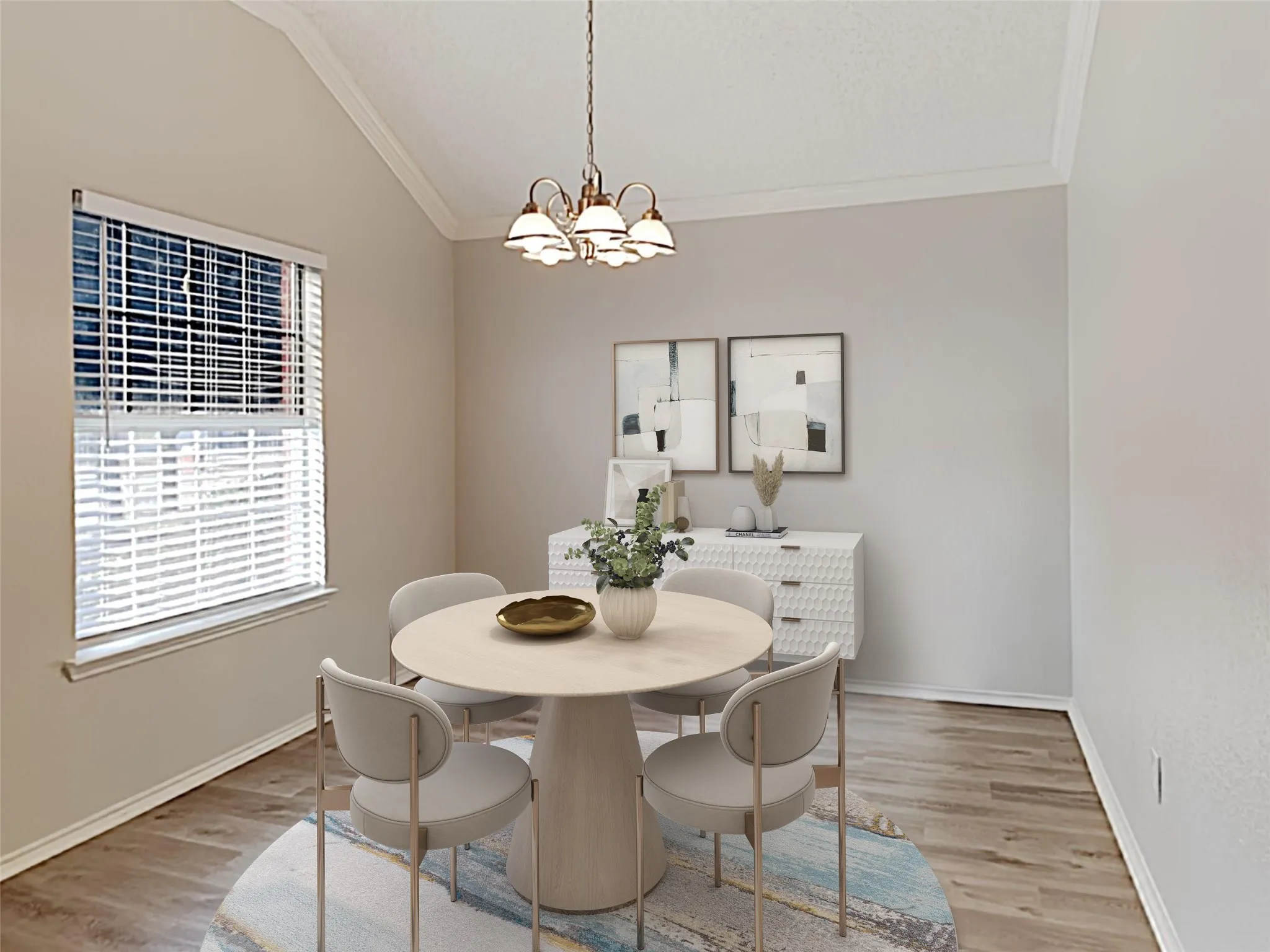 Vaulted ceiling with crown molding, wood-finish flooring, and a single window with blinds