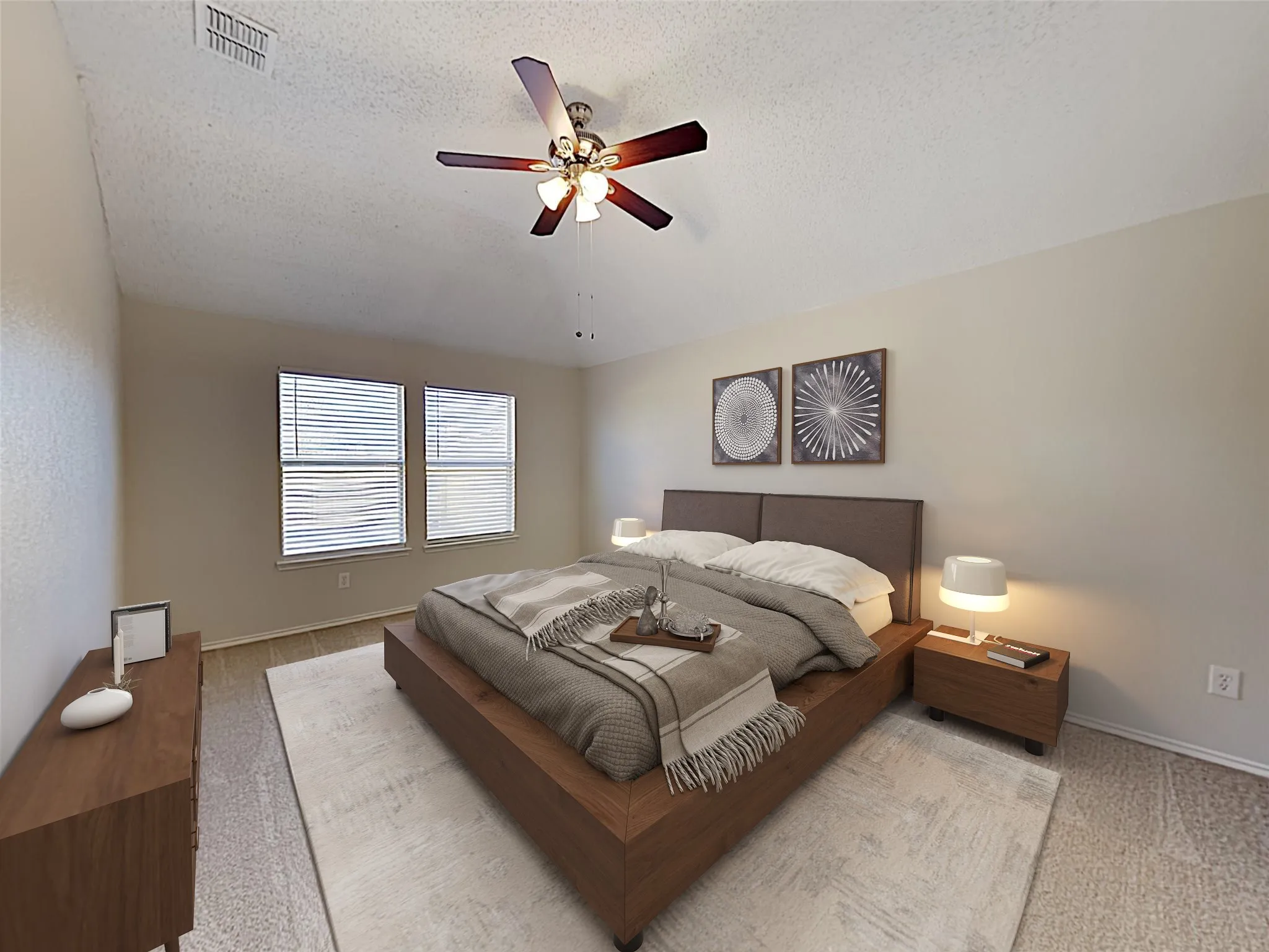 Tray ceiling with a ceiling fan, dual windows, and wood-finish flooring