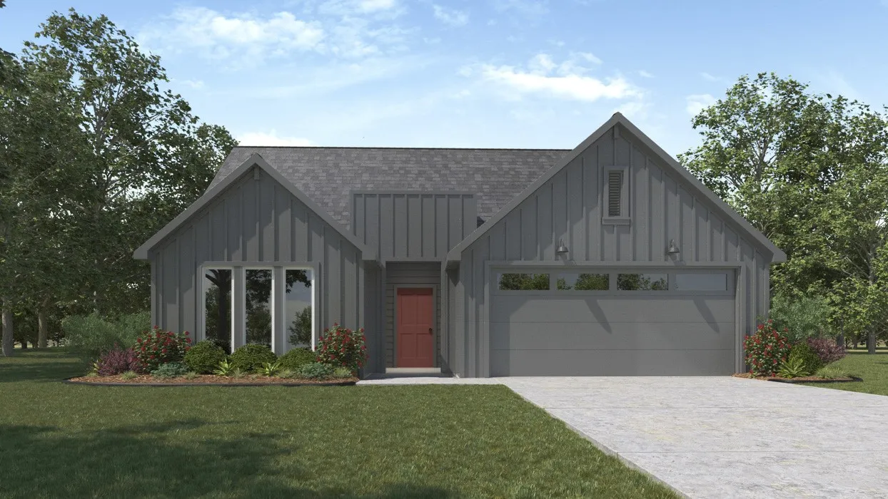 Contemporary exterior featuring vertical siding, an attached garage, a red entry door, and a concrete driveway