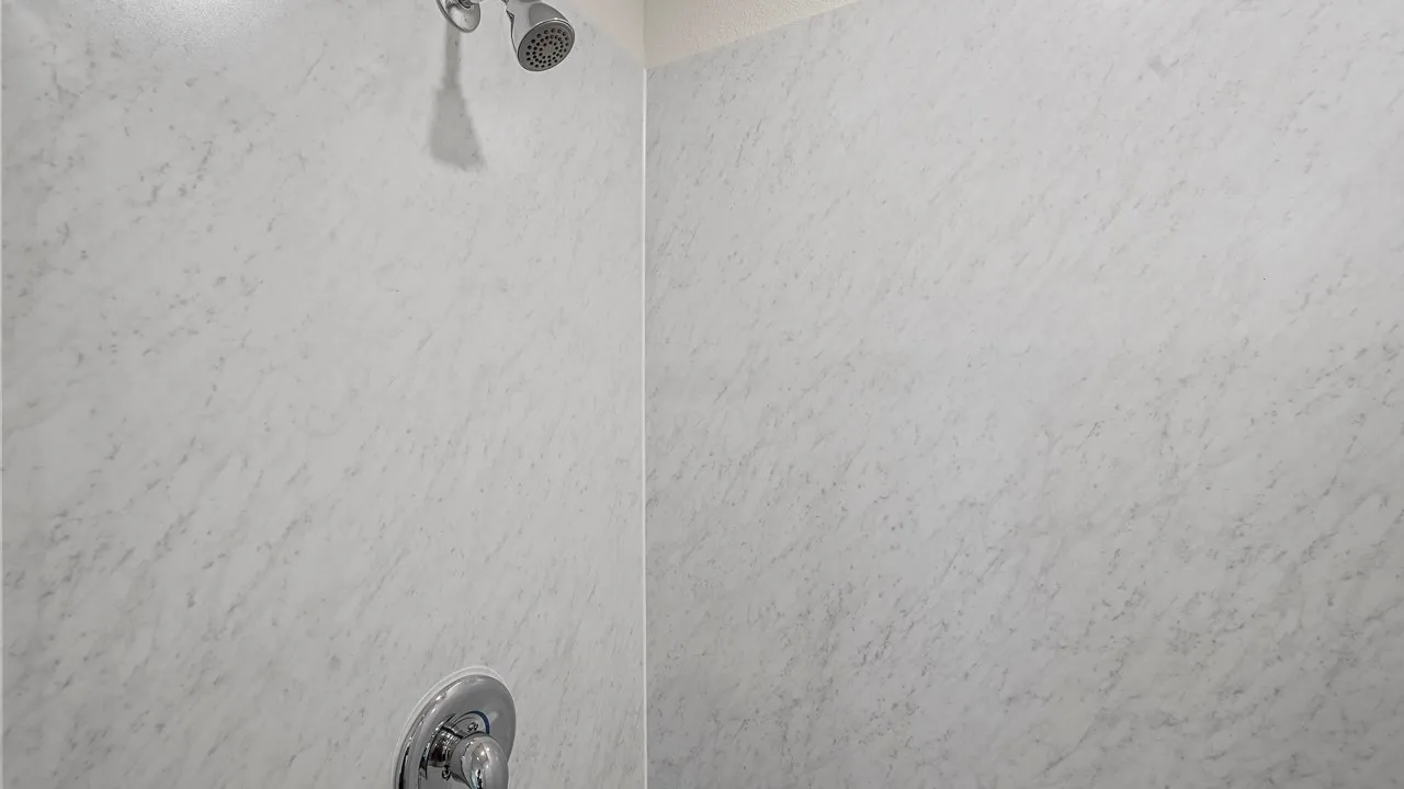 Textured shower walls with a chrome shower head and control handle