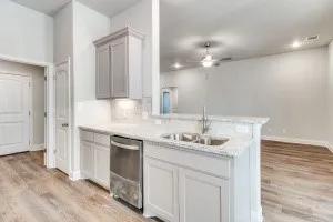Kitchen featuring light-toned cabinetry, stainless steel dishwasher, double basin sink with a high-arc faucet, and wood-finish flooring