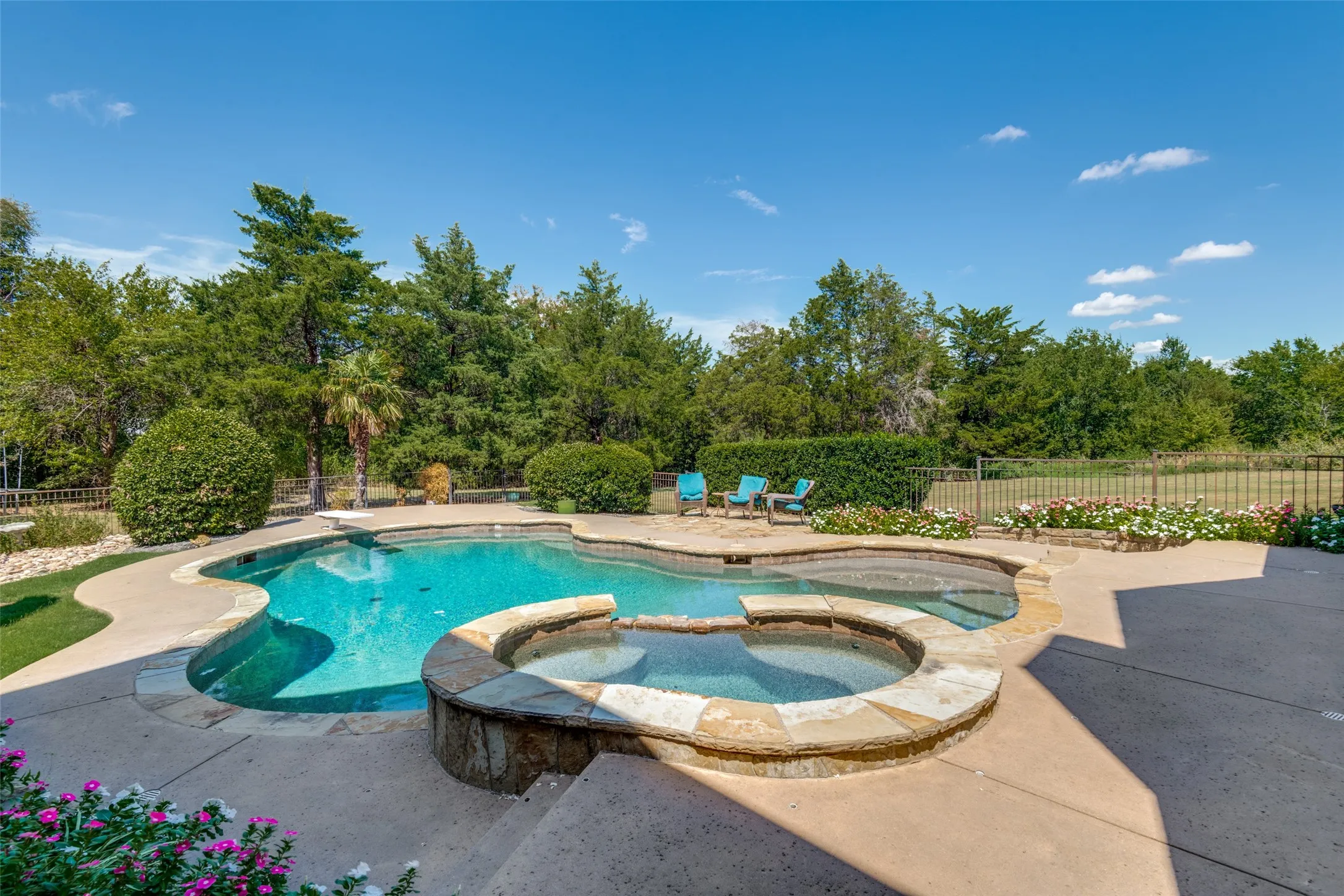 Freeform swimming pool with an integrated spa, surrounded by a concrete patio and stone coping