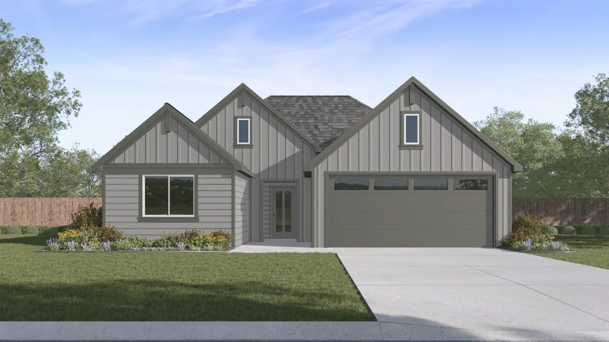 Contemporary exterior with vertical board and batten siding, horizontal siding accents, an attached garage, landscaped front yard, and a concrete driveway