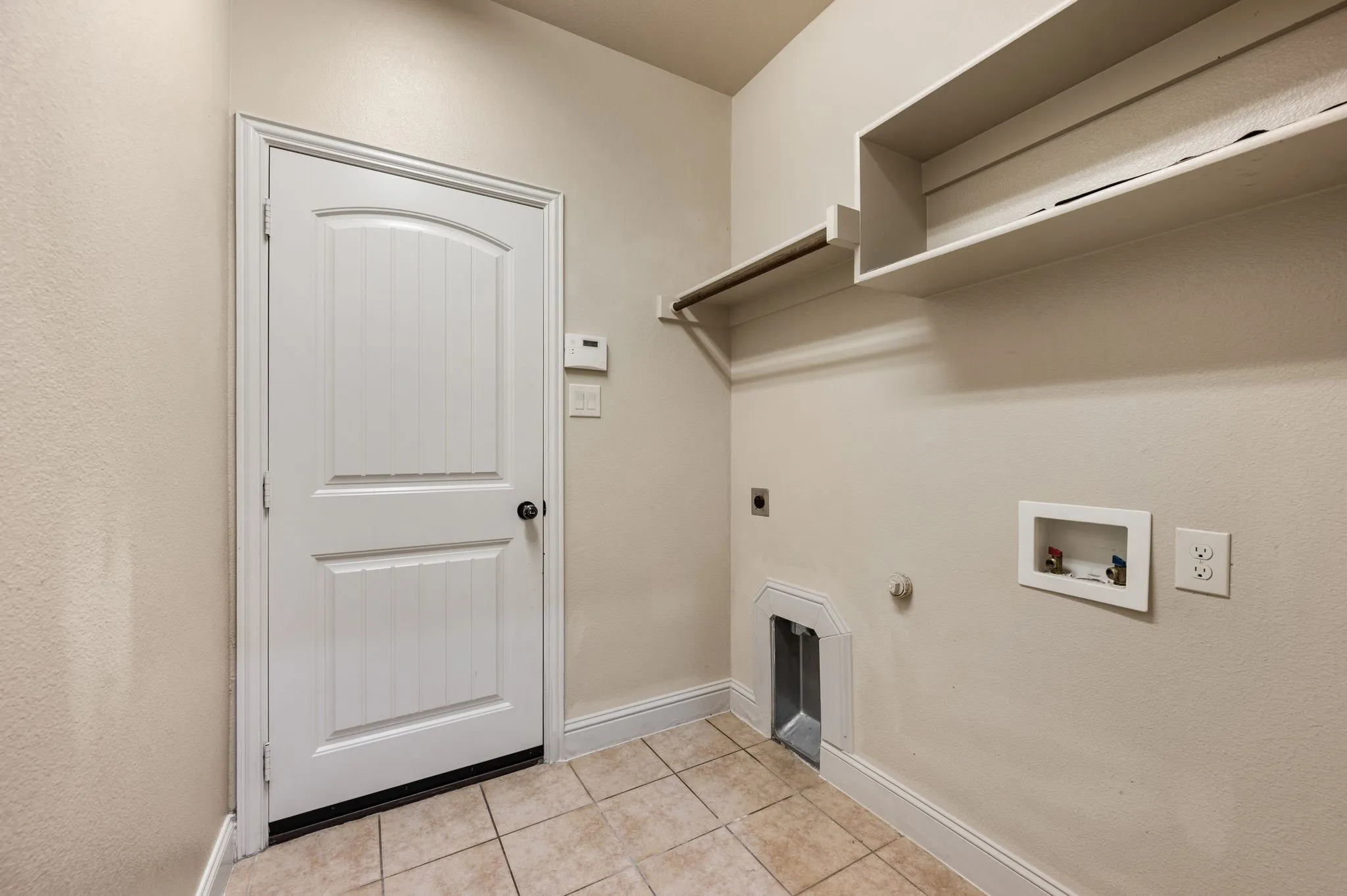 Built-in shelving, hanging rod, and utility connections