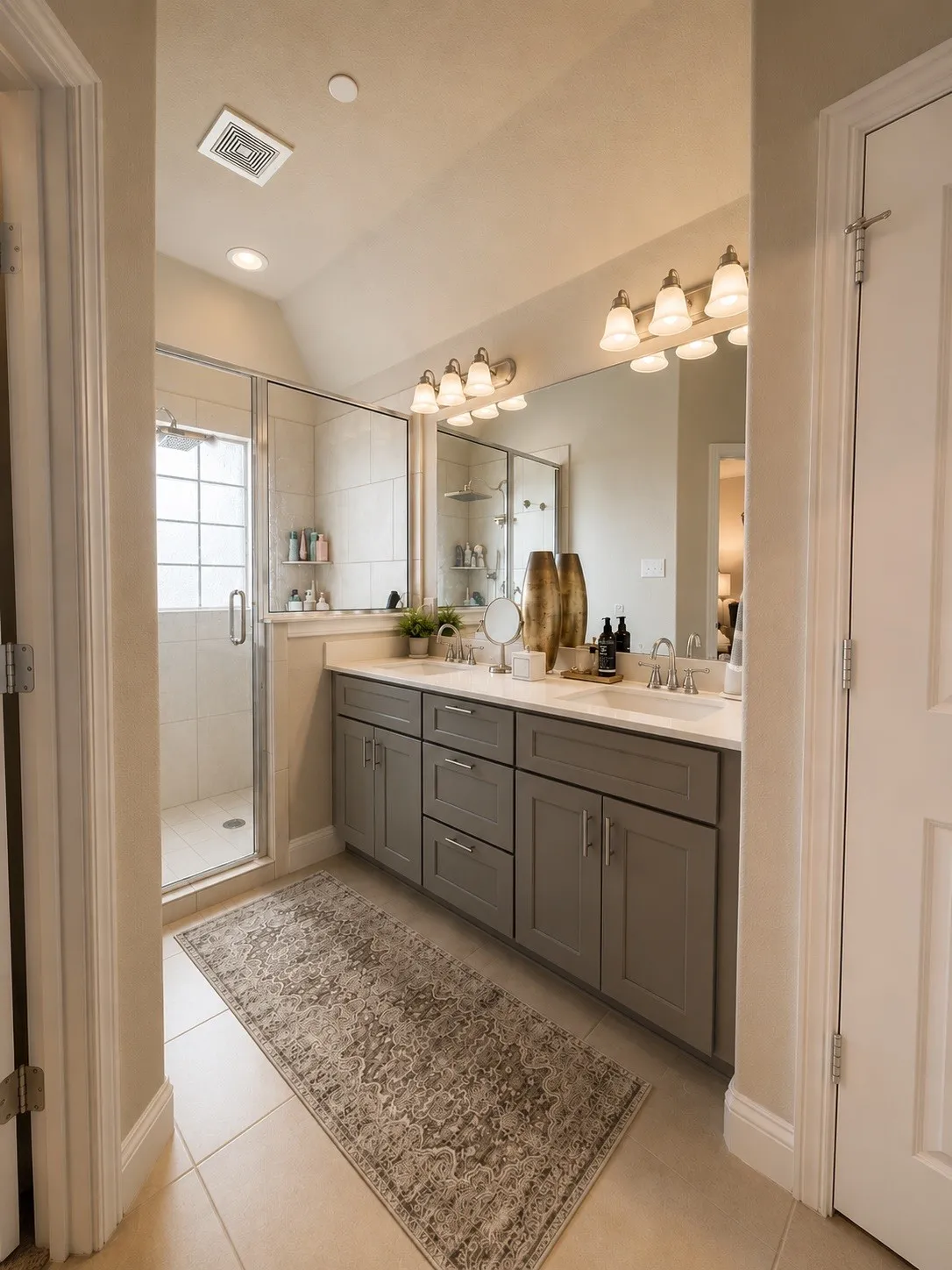 Dual sink vanity with grey cabinetry, white countertops, and a large mirror