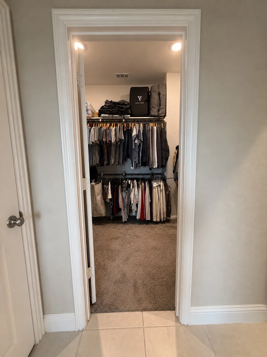 Walk-in closet featuring carpet flooring, recessed lighting, and a built-in shelving system
