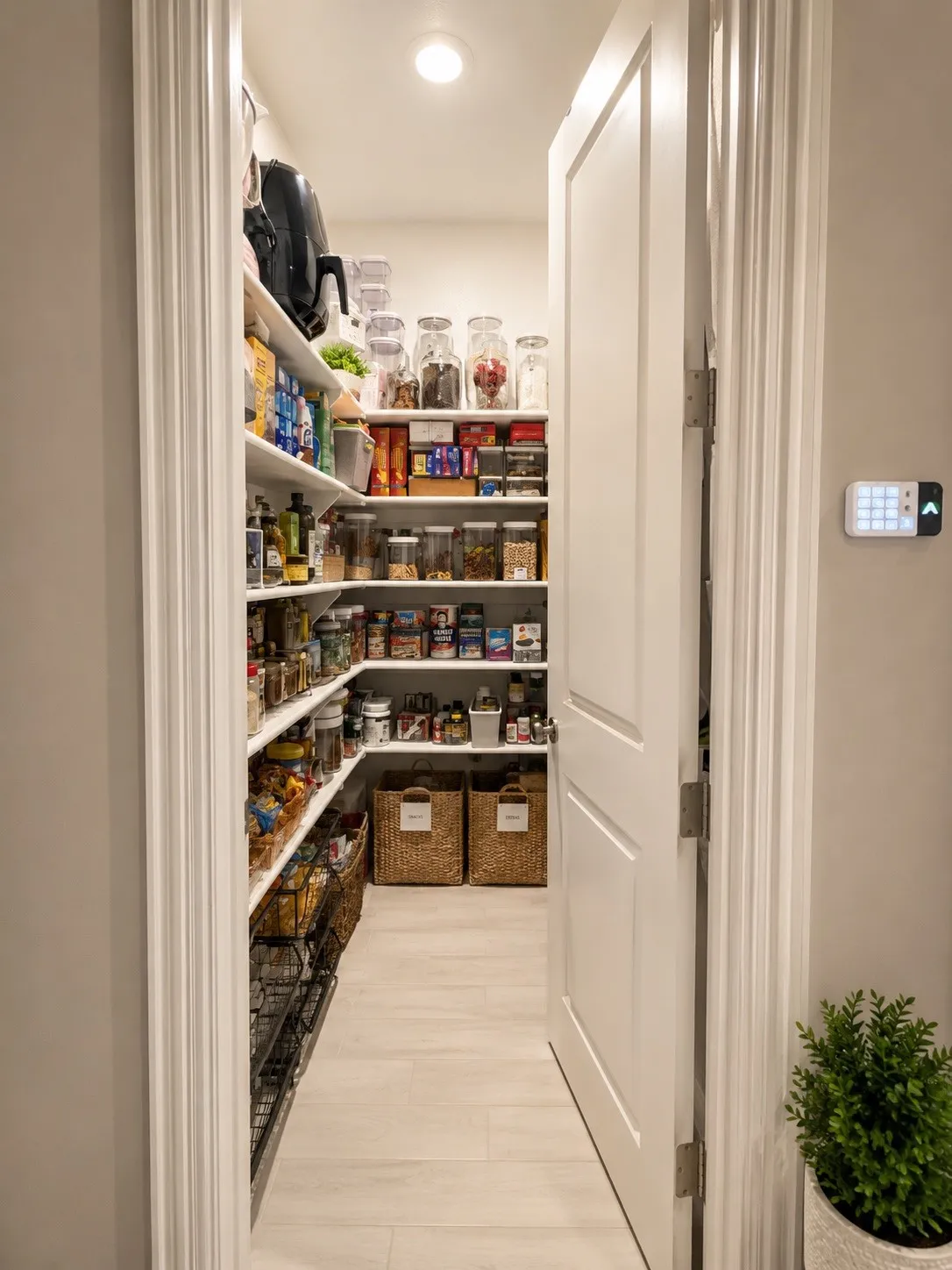 Custom pantry shelving with wood-finish flooring