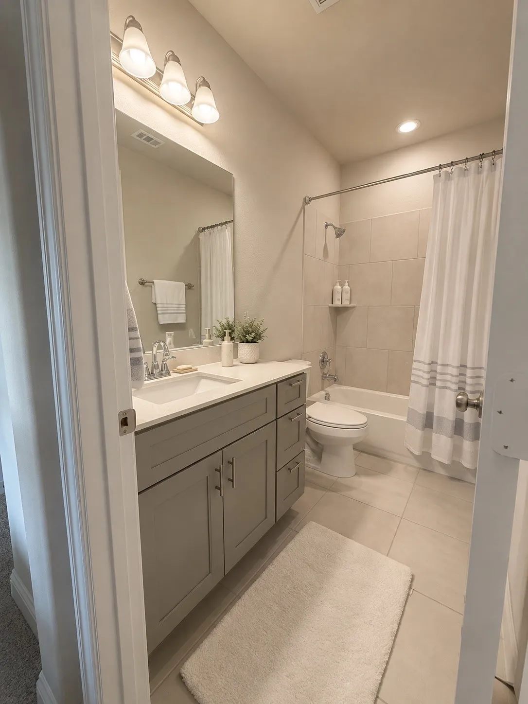 Modern vanity with white countertop, undermount sink, and brushed nickel fixtures
