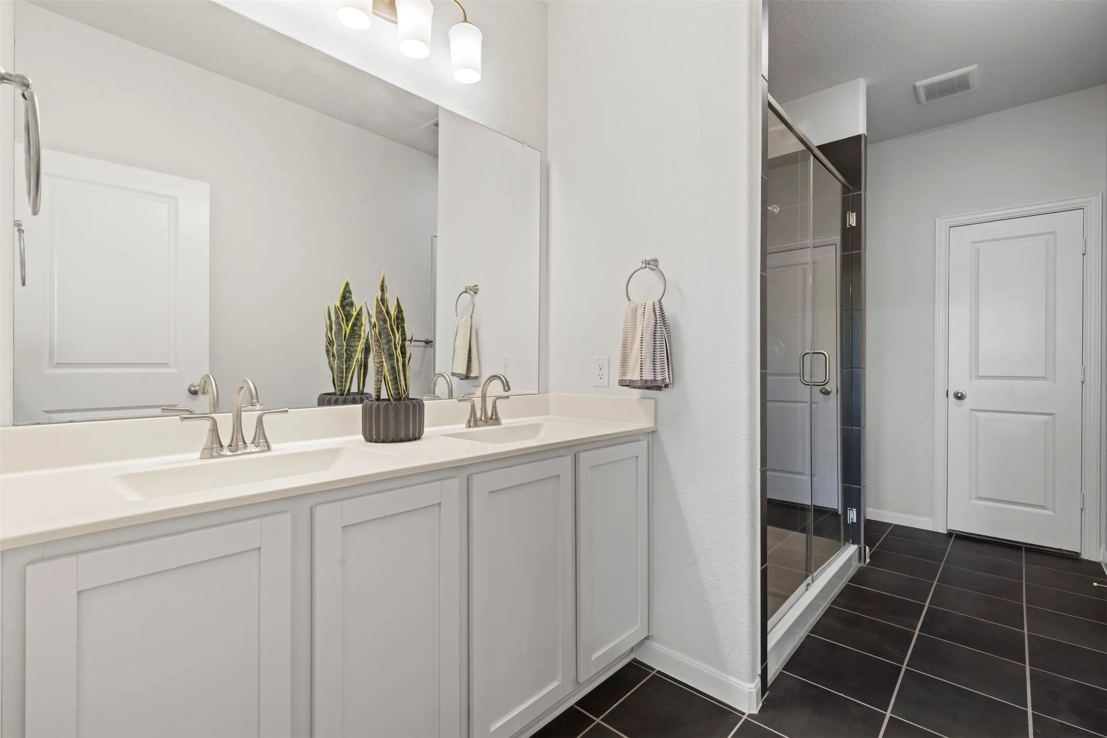 Double sinks, walk in shower and closet