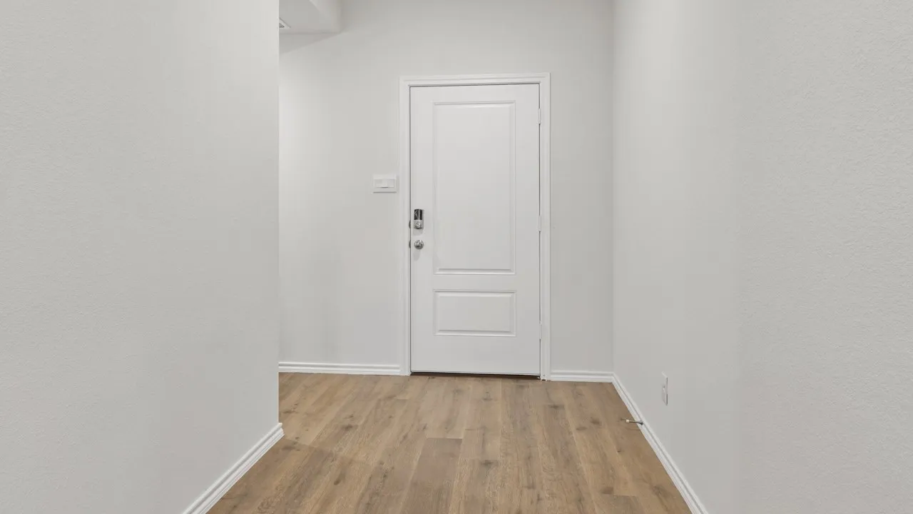 Entryway featuring wood-finish flooring, crisp white baseboards, and a paneled door with contemporary hardware