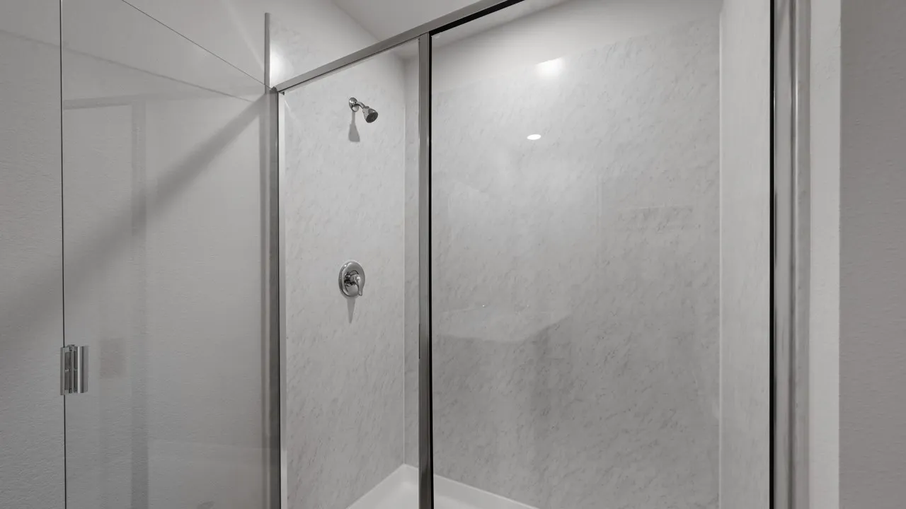 Enclosed shower with clear glass panels, chrome hardware, and light-toned wall surround