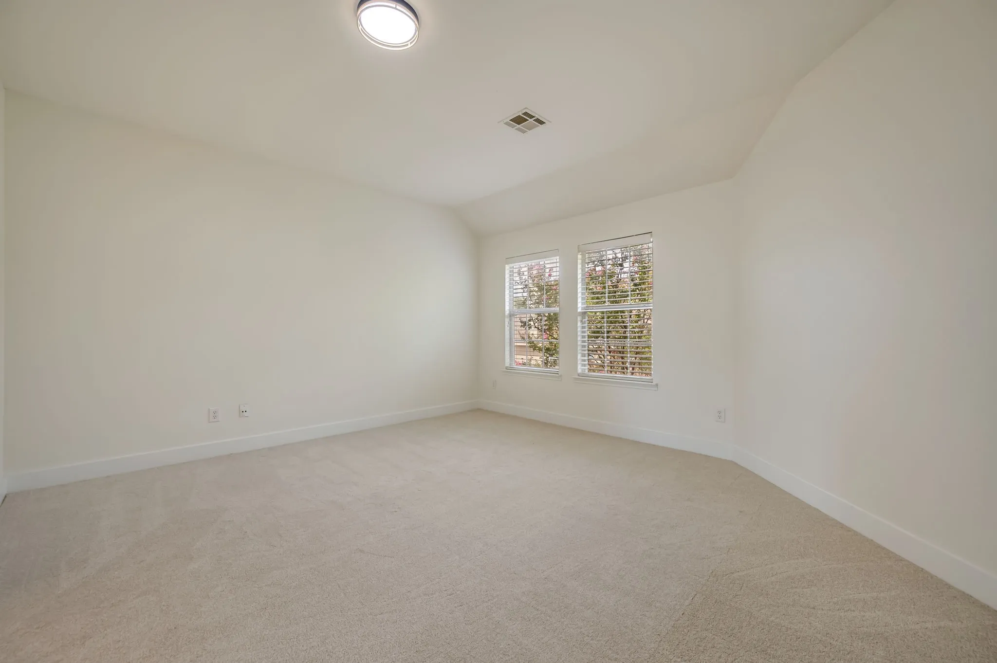 Neutral tone wall paint, carpeted flooring, two windows with blinds, and an overhead flush-mount light fixture