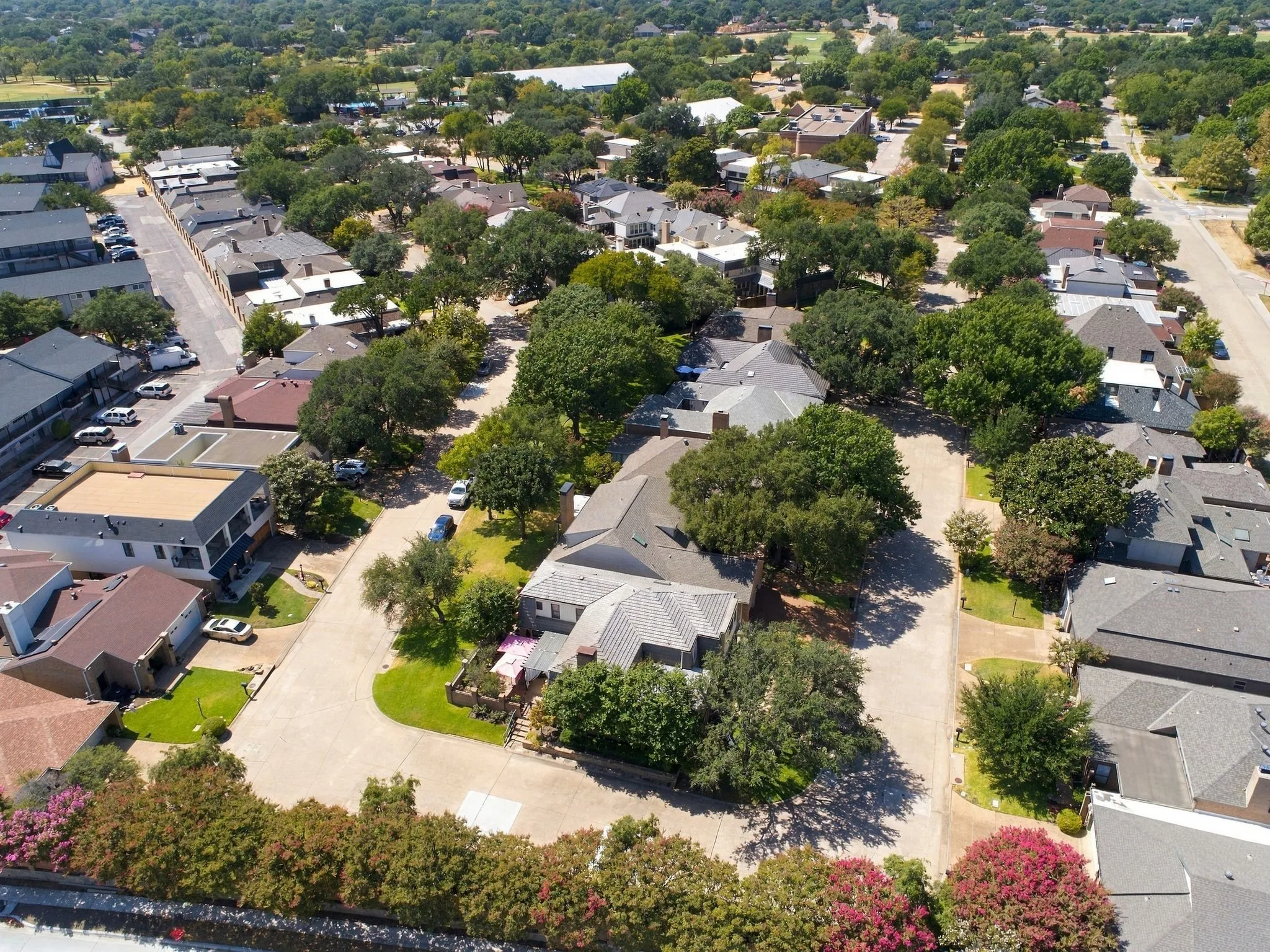 Aerial perspective of a residential street featuring mature trees and a variety of architectural styles