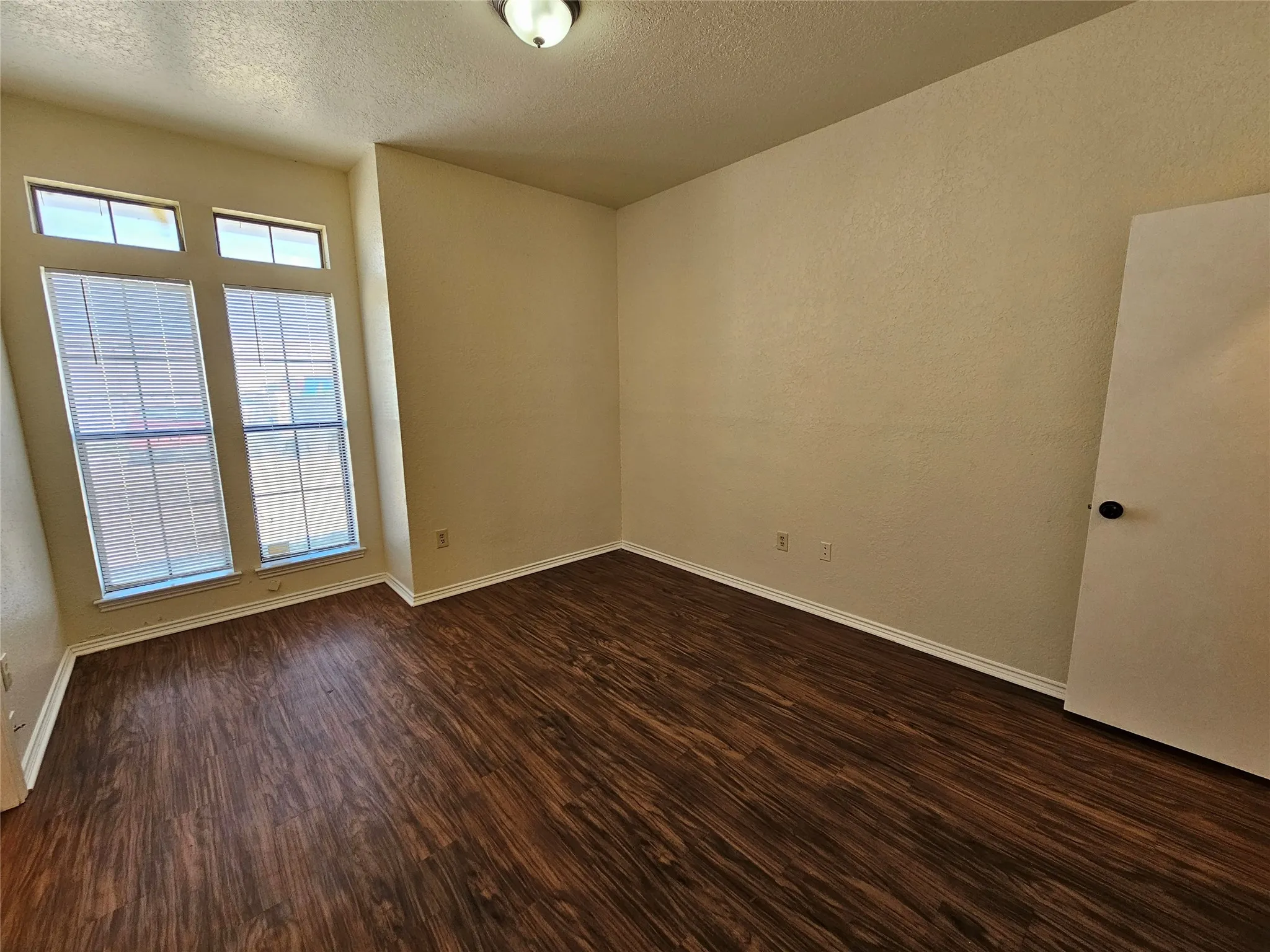 Wood-finish flooring, multiple windows, window blinds, ceiling-mounted light fixture, and a solid interior door