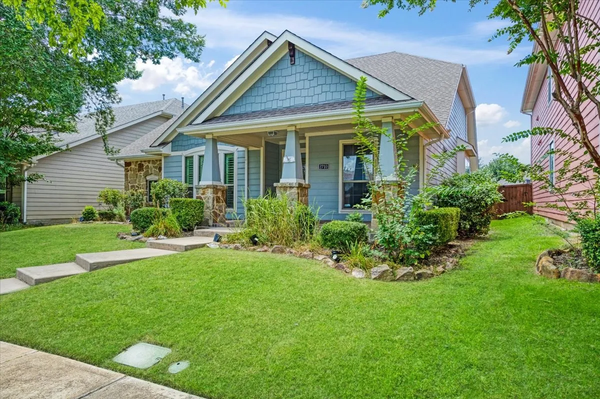 Craftsman-style exterior with stone veneer accents and blue shake siding
