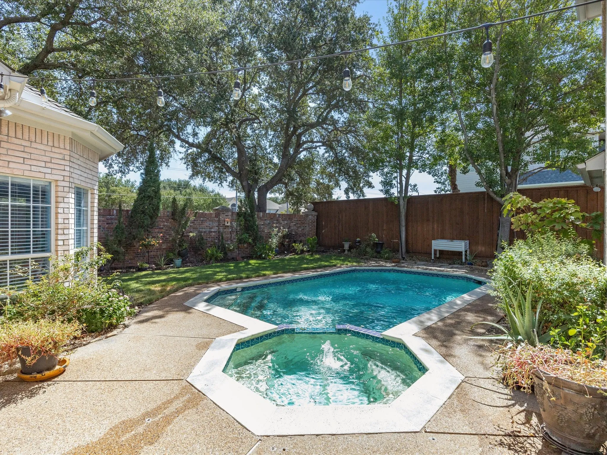 Expansive backyard featuring a swimming pool, integrated spa, string lighting, and mature trees