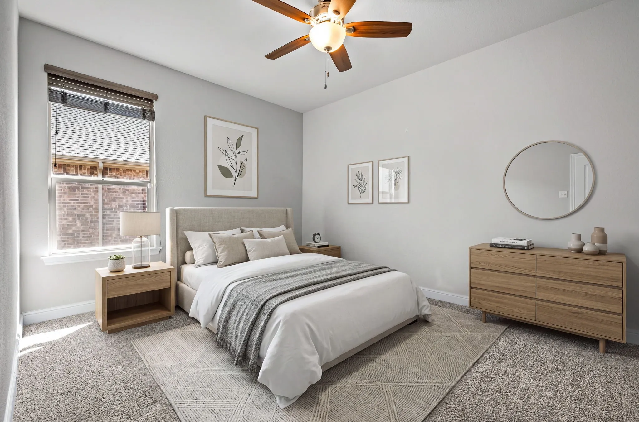 Neutral wall paint, window with blinds, carpeted flooring, and a ceiling fan with integrated lighting