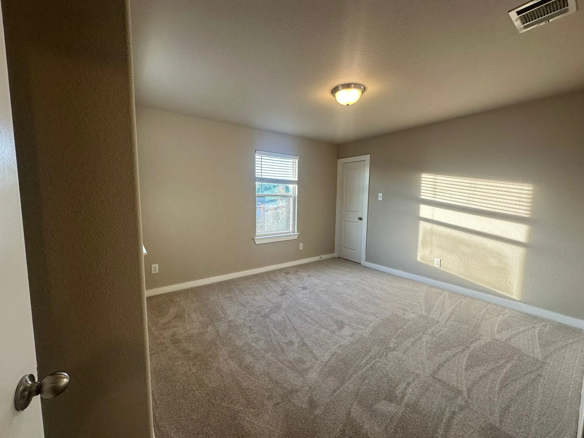 Neutral-toned walls, carpeted flooring, and a ceiling-mounted light fixture