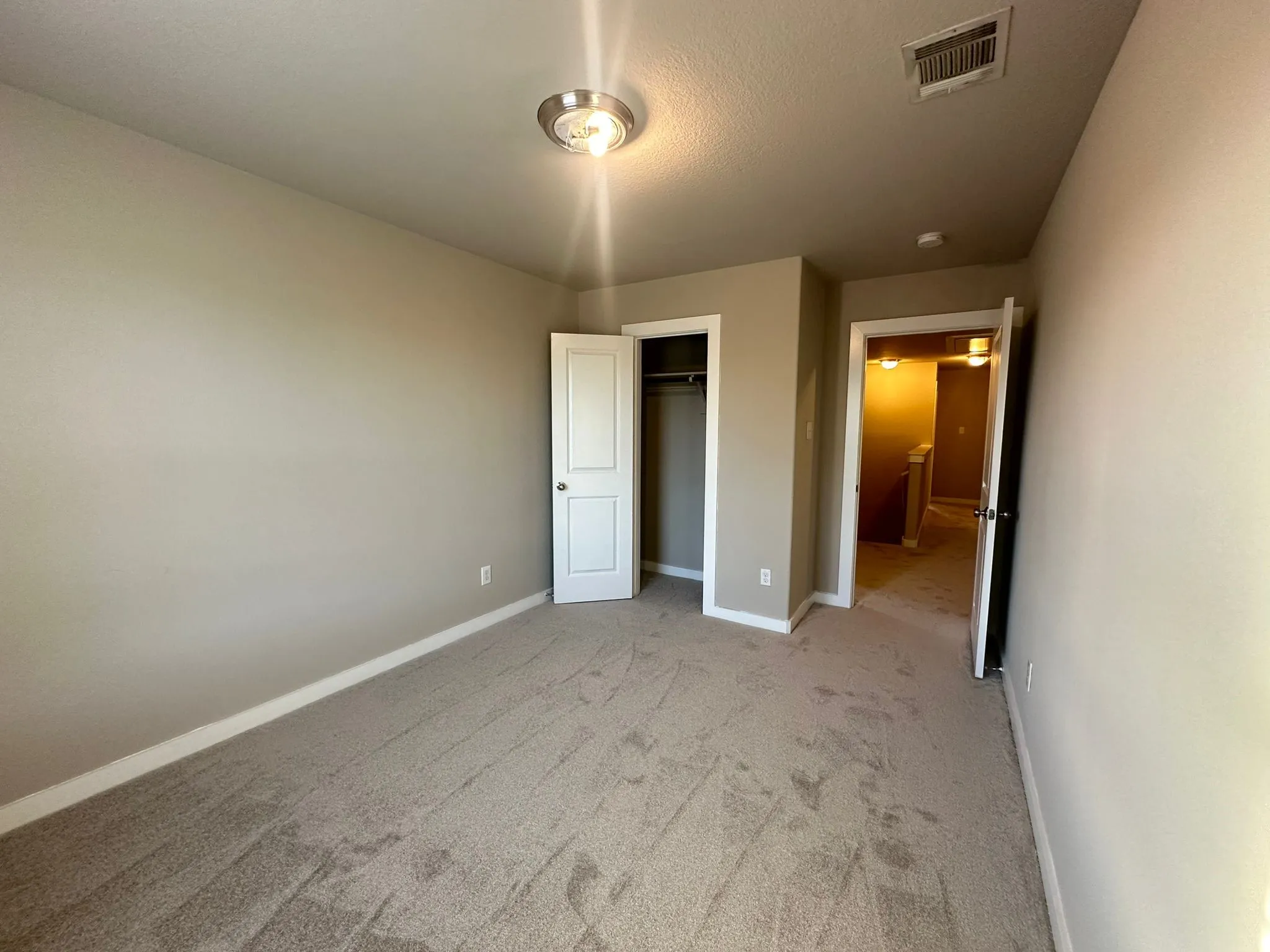 Neutral-toned walls, plush carpeting, and a built-in closet with a white panel door