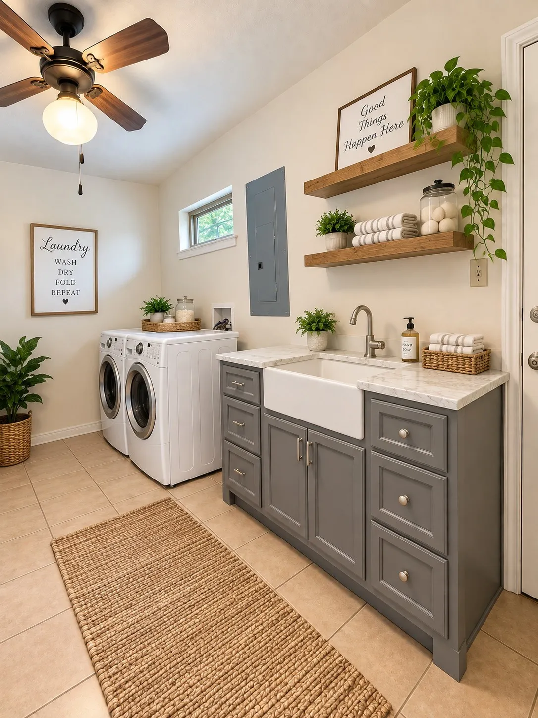 Tile flooring, ceiling fan, built-in shelving, gray cabinetry, and a white farmhouse sink