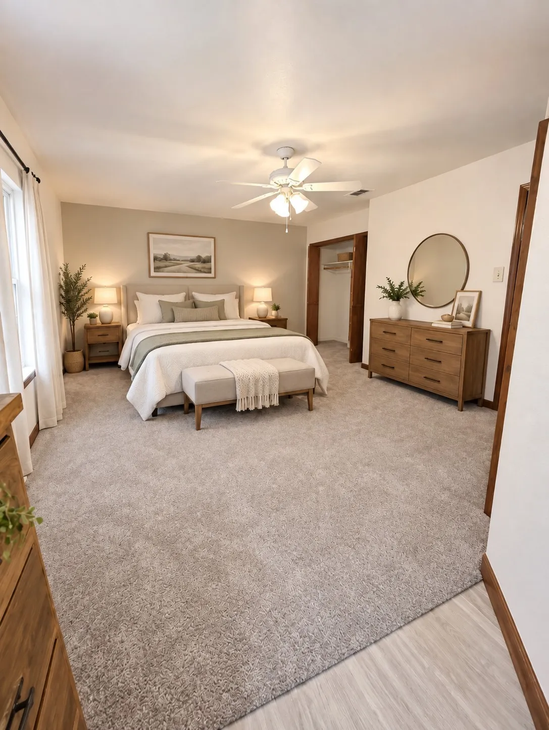 Plush carpeting and wood-finish flooring, ceiling fan, and window with natural light