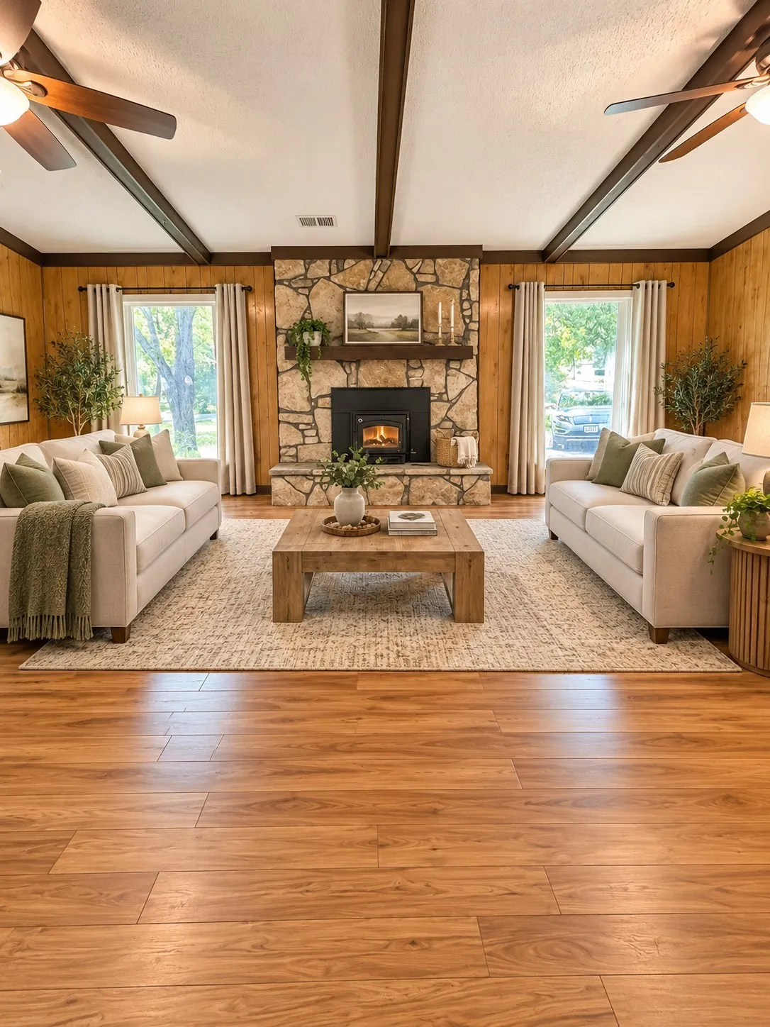 Wood-finish flooring, stone fireplace with hearth, wood paneled walls, exposed ceiling beams, and dual ceiling fans