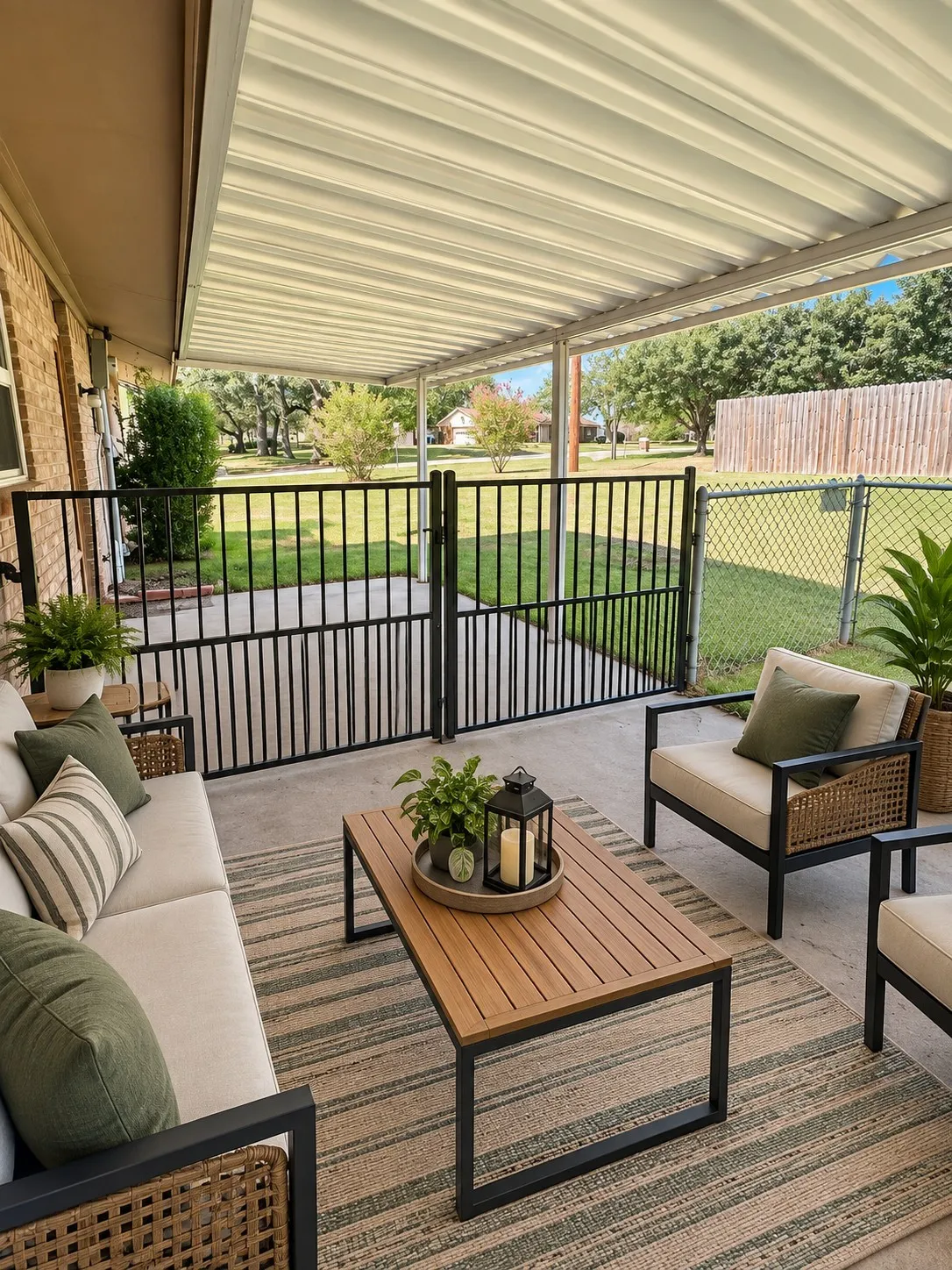 Covered patio featuring a solid roof structure, concrete flooring, and a black metal fence