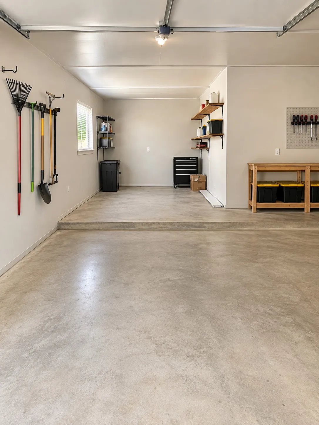 Concrete flooring with multiple steps, integrated ceiling lighting, and built-in wall shelving