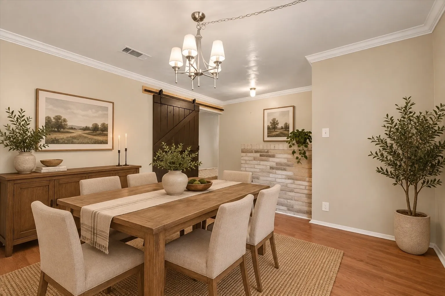 Hardwood flooring, crown molding, a dark wood-finish barn door, and a brick-faced accent wall
