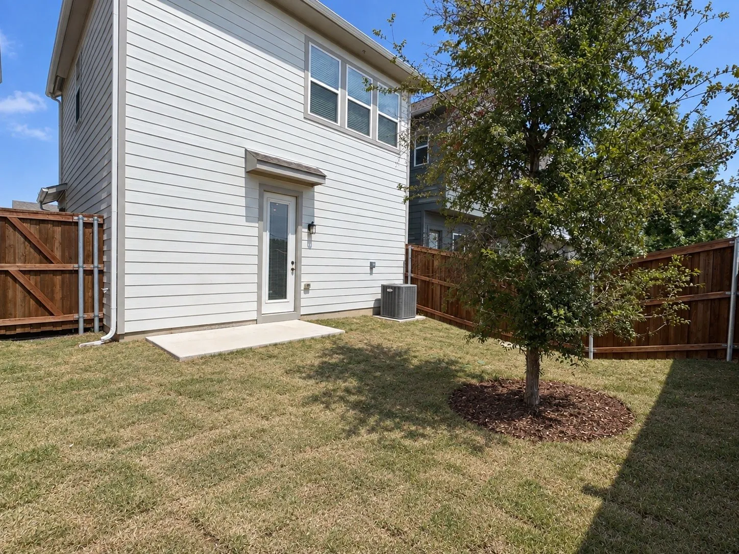 Rear exterior with horizontal siding, a ground-level concrete patio, and a mature tree with mulch